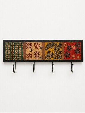 Pier 1 Imports Boho Batik Wall Hook Rack Hand Painted Wood Metal
